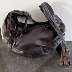 All Saints brand vintage style crossbody zipper bag in dark chocolate brown.